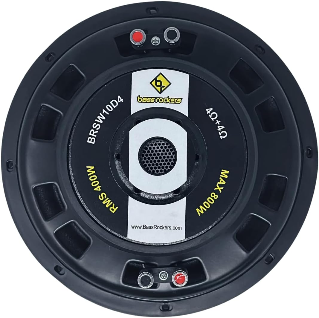Bass Rockers BRSW10D4 10" 800 Watt Max Power Dual 4 Ohm Shallow Mount Car Subwoofer | High Powered Car Audio Sound Component Speaker System | 2" Voice Coil, 20-480Hz Frequency, 90dB | Black