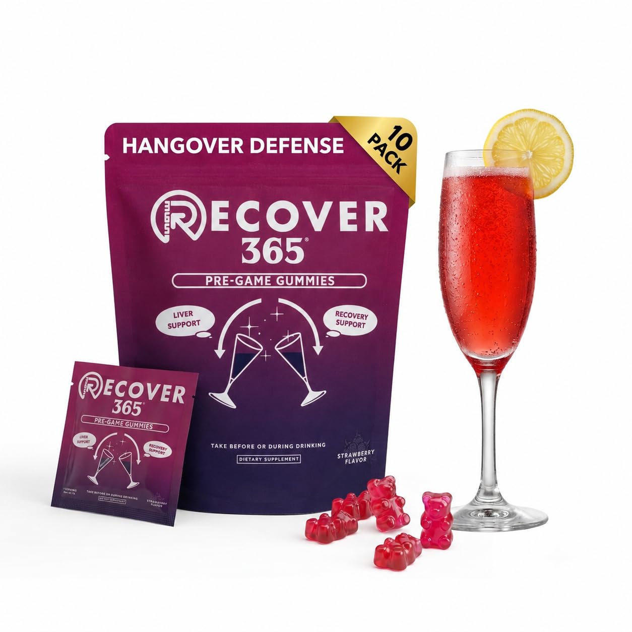 Recover 365 Gomas de Dihydromyricetin (DHM) com cardo-mariano, NAC, cúrcuma, vitaminas B12 e C e eletrólitos — 10 gomas