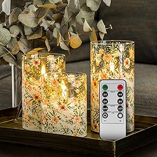 Eywamage Floral Glass Flameless Candles with Remote, Flickering LED Battery Candles D 3" H 4" 5" 6"