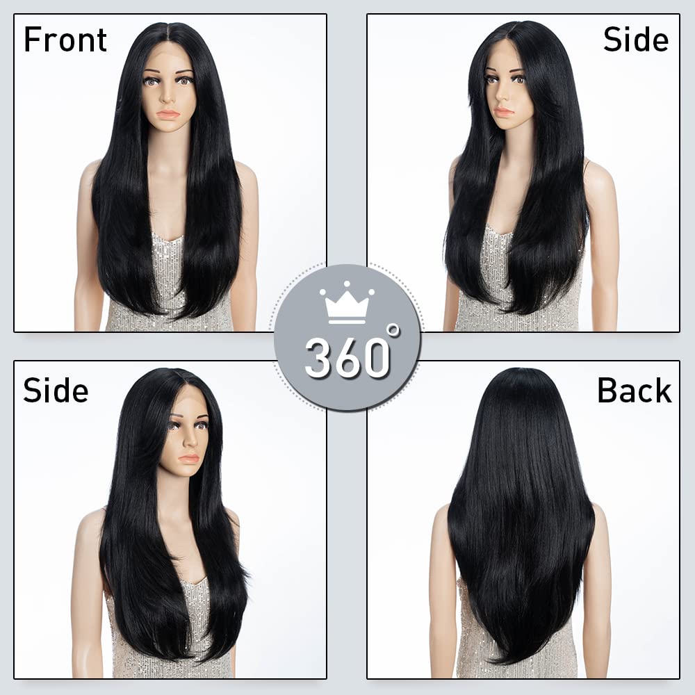 FASHION IDOL Lace Front Wig for Women Synthetic Natural Black Door Curtain Multi-layered Flared Bangs in the Split Lace Hair Stitching Color Wig 28 Inches 150% - Image 4