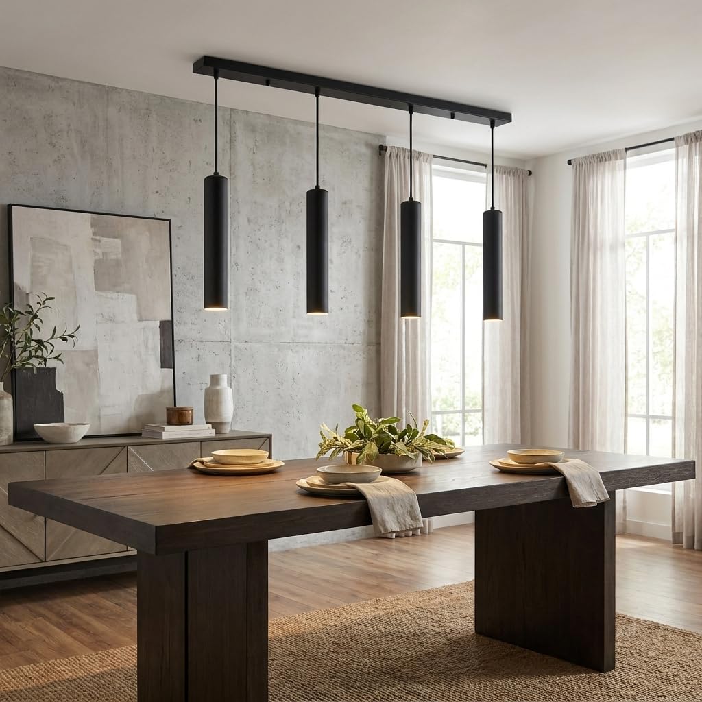 Alpinaluz Lámpara Colgante Lineal Negra de 4 Luces con Tubos de Aluminio de 30 cm y Cable Textil Ajustable, Estilo Moderno y Minimalista para Cocina o Comedor, Portalámparas GU10, Barra de 100 cm