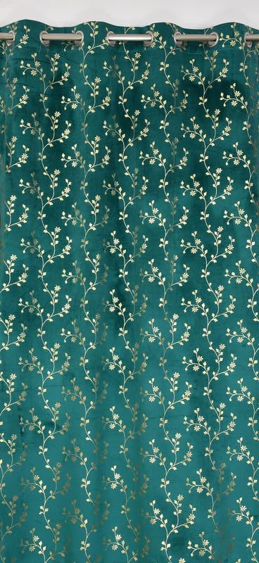 Image of Heavy Velvet Fabric Luxury Looks Room Darkening Floral Designer Curtains 12 Feet for Long Door, Aqua, Pack of 2 Pieces