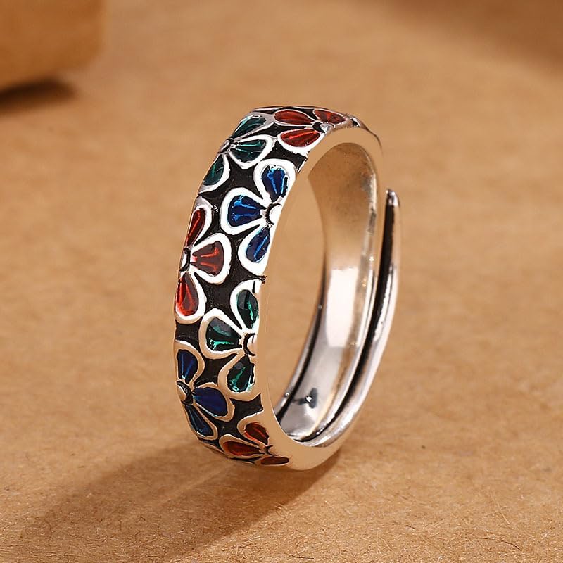 Metmejiao Vintage Plum Enamel Cloisonne Ring Women Engagement Party Ring Jewelry 925 Sterling Silver Handmade Colorful Enamel Plum Flower Ring