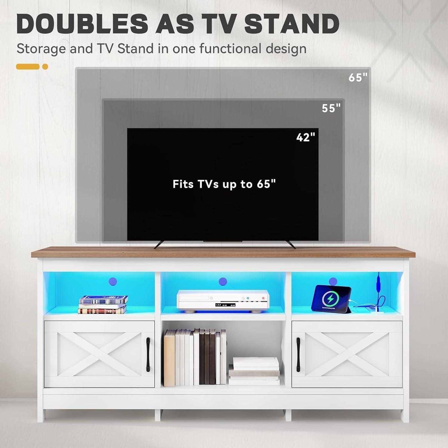 YITAHOME TV Stand for 65 Inch TVs, Entertainment Center with Storage Cabinets, Power Outlet & LED Light, Media Console Living Room Furniture, White