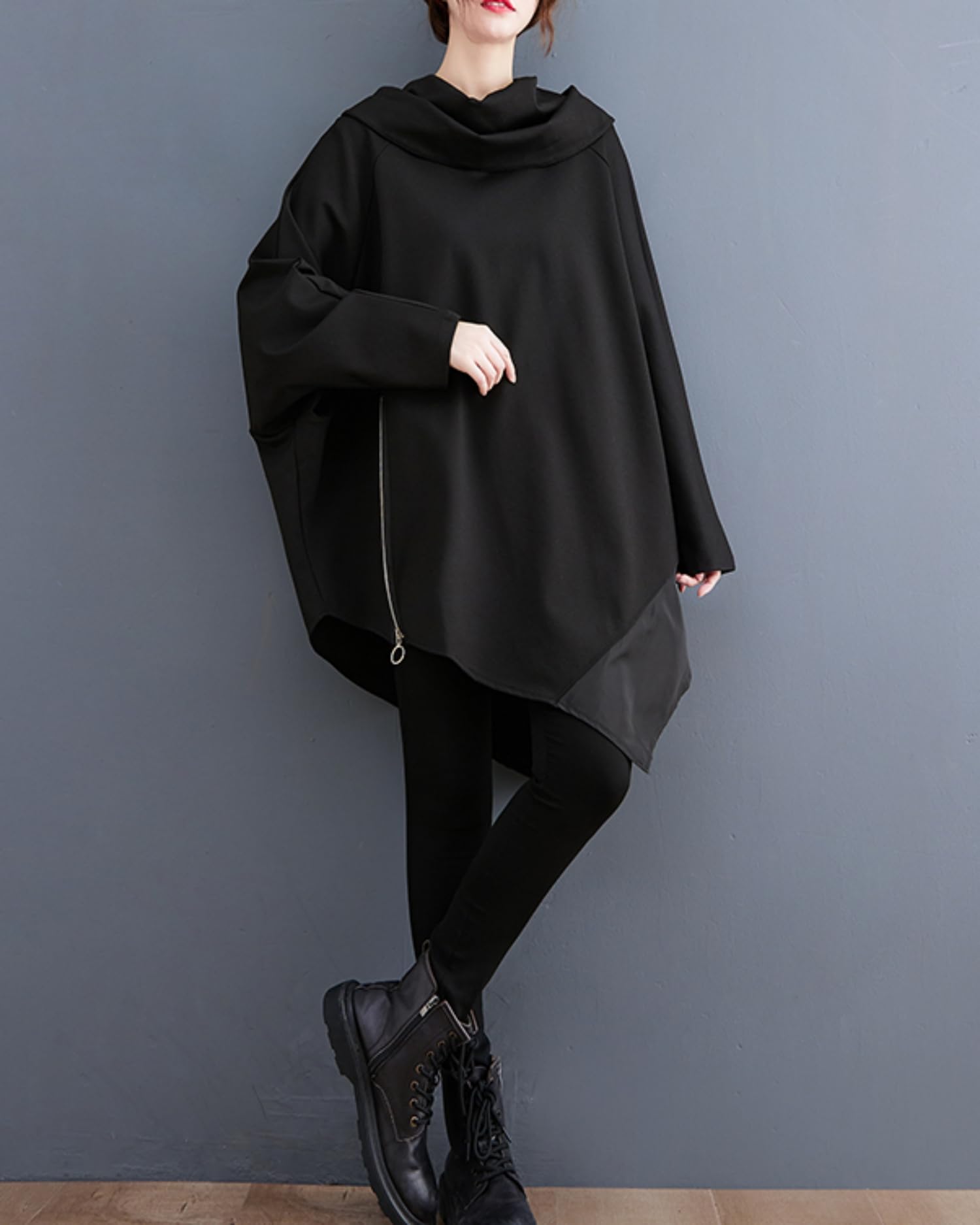 ellazhu Damen Baggy Fledermausärmel Unregelmäßiger Pullover Solider Haufenkragen Sweatshirt GZ49 A