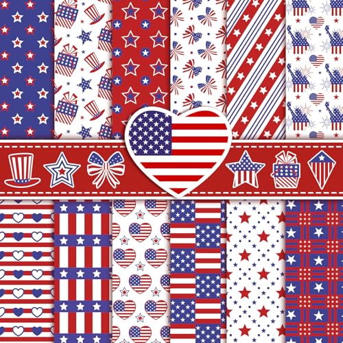Konsait 24 Sheets Patriotic Scrapbook Paper 6x6 Double-Sided 4th of July Pattern Paper 12 Unique Red White Blue Designs for Independence Day Memorial Day Crafts