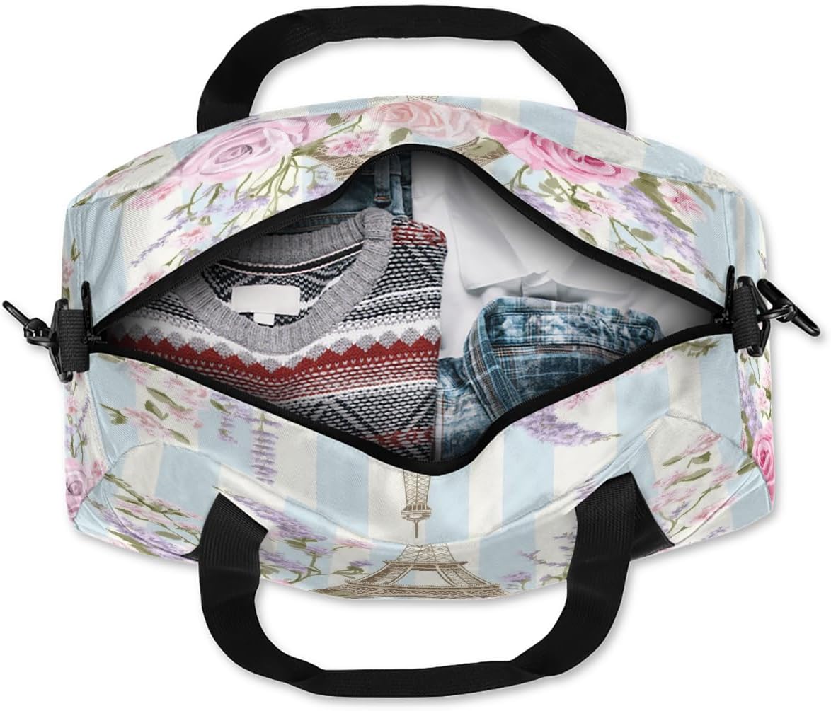 Kids Travel Duffle Bag Weekender Overnight Bag Gym Tote for Boy Girls Carry On Workout Duffel Bag(Watercolor Flowers Eiffel Tower Stripes)