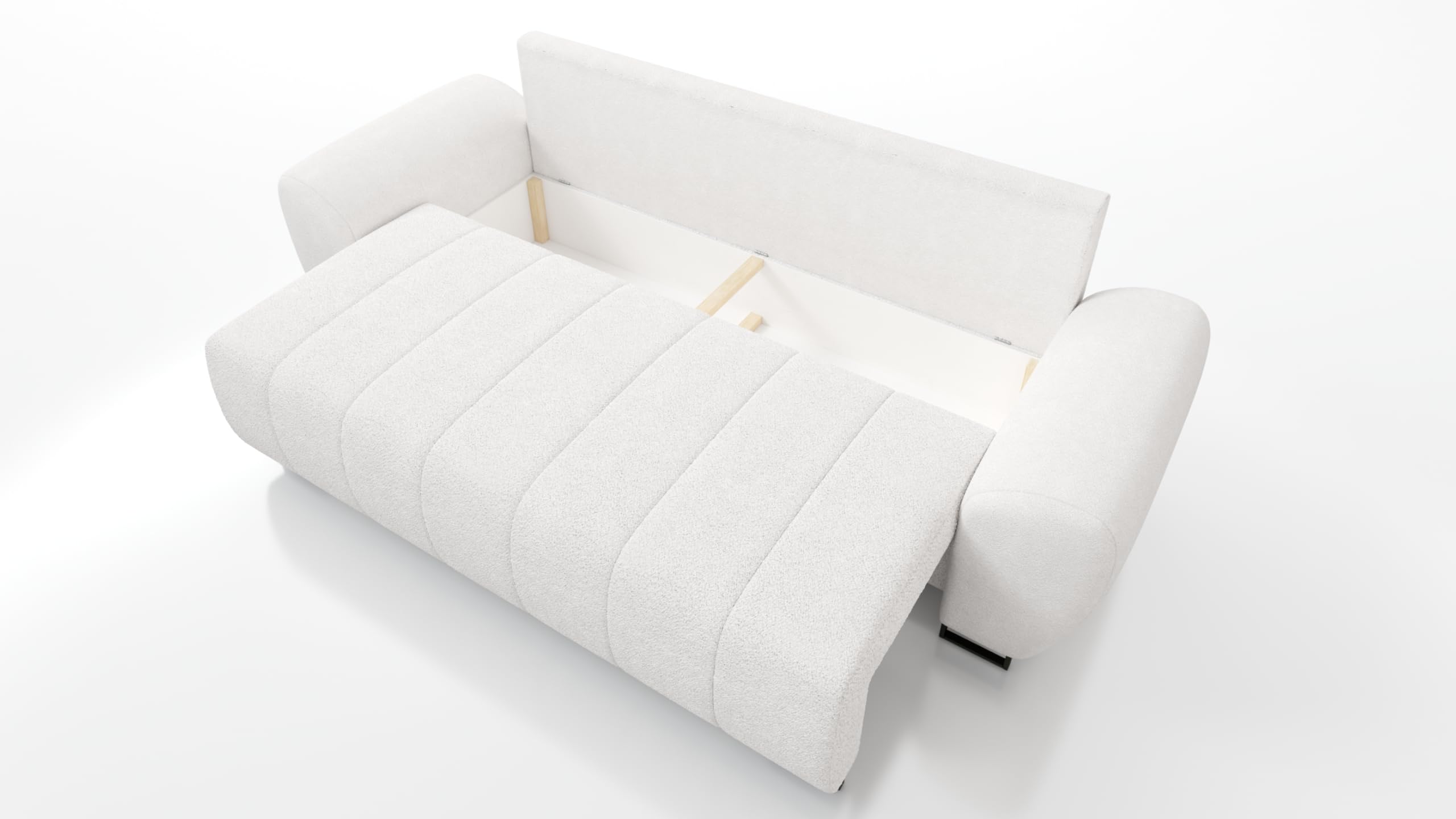 Ragnar 3 Modernes Schlafsofa, Weiß, Boucle Stoff, 270x103x83 cm, Schlaffunktion 150x200 cm, Bettkasten, Wohnzimmer Couch mit 7 Kissen, Metallbeine