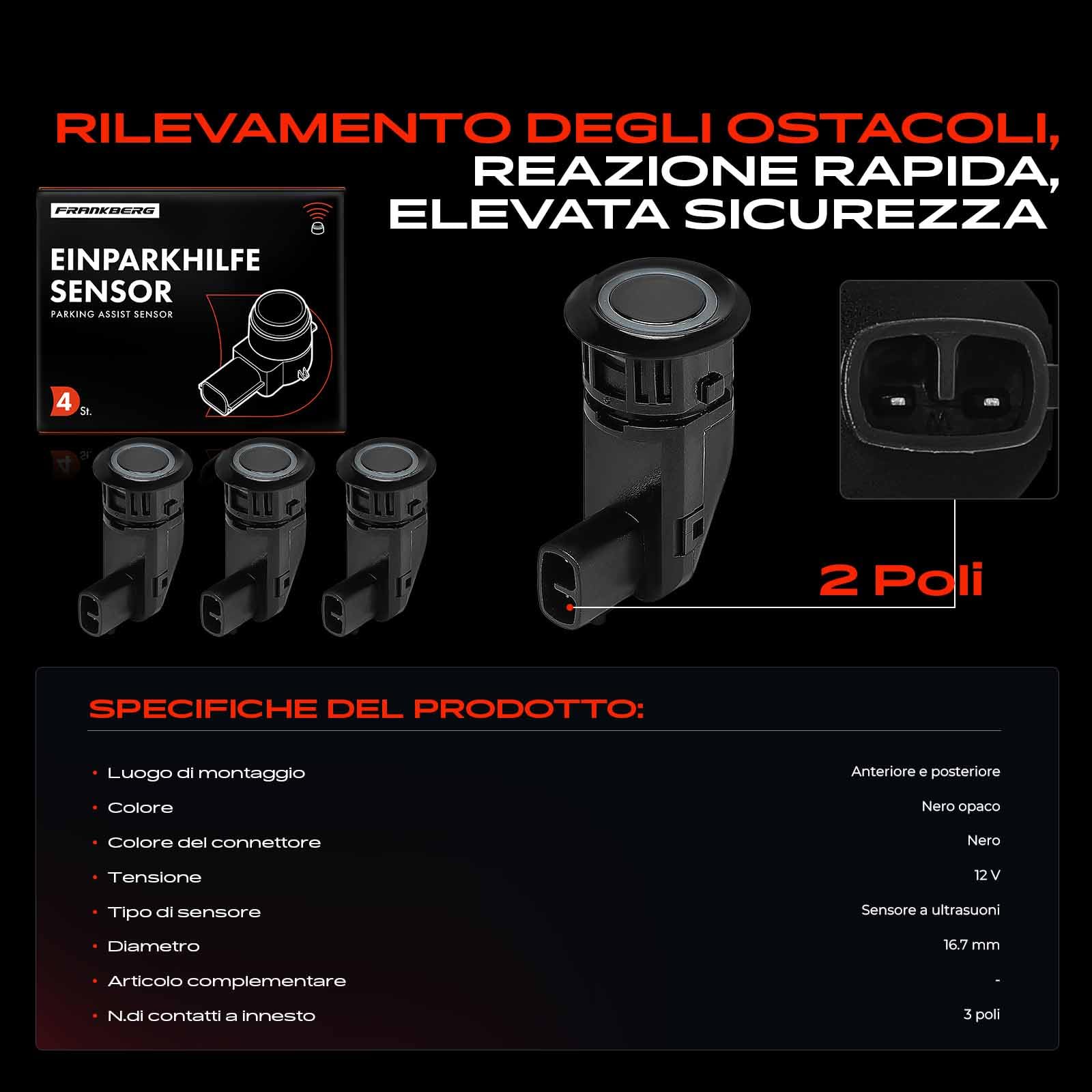 Frankberg 4 sensori di parcheggio anteriori e posteriori 1048474 | Compatibile con: Model S 5YJS