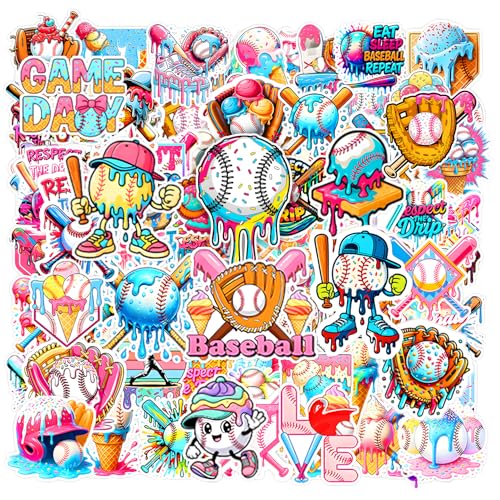 110PCS Baseball Ice Cream Drip Stickers Baseball Ice Cream Theme Party Favors Decoration Colorful Sport Theme Waterproof Vinyl Decals for Sport Teams Birthday Theme Party Supplies