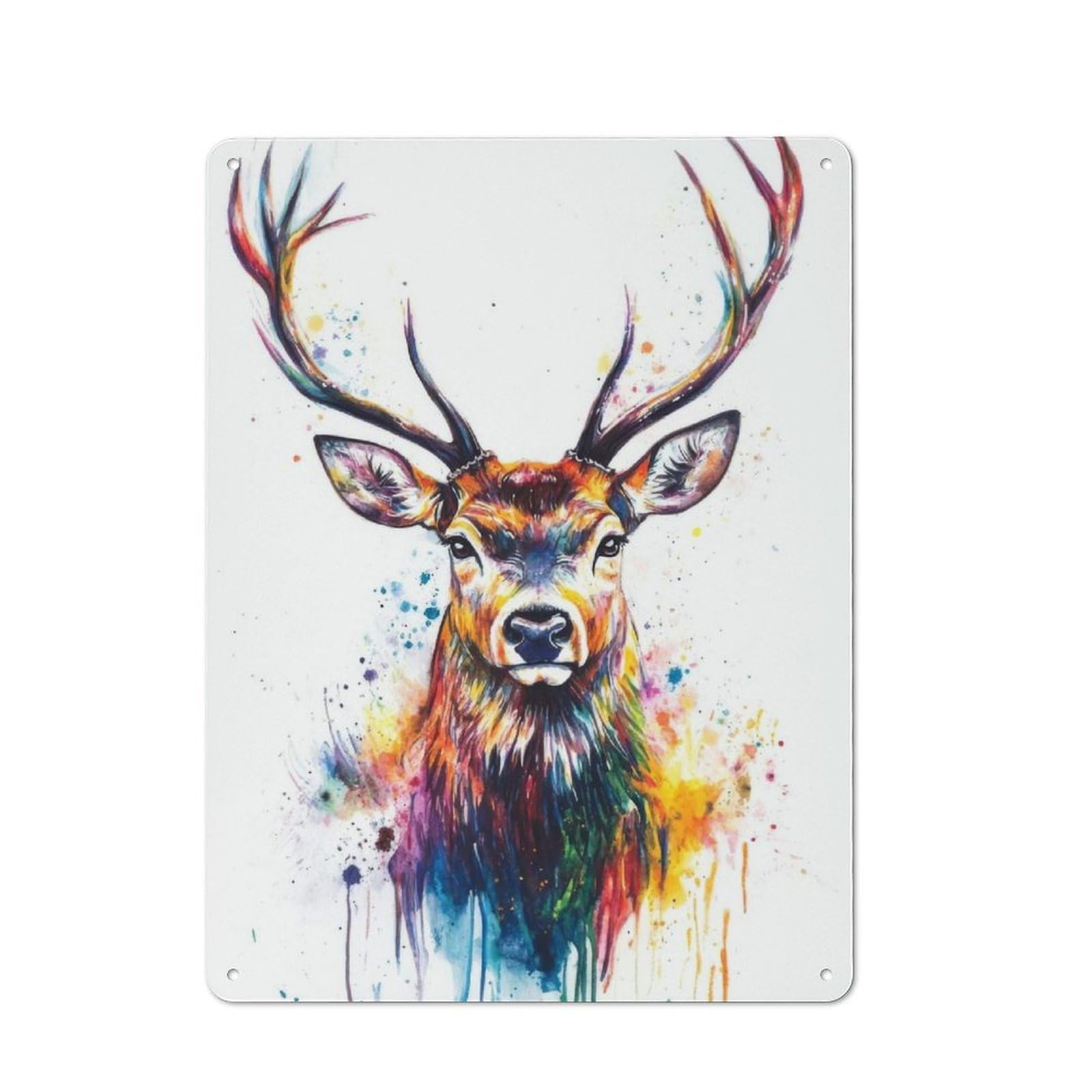 Junmoney Colorful Deer Watercolor Portrait Rustic Metal Plaque 40X30cm For Lounge Or Reading Corner, For Home Office, Studio And Craft Room Walls