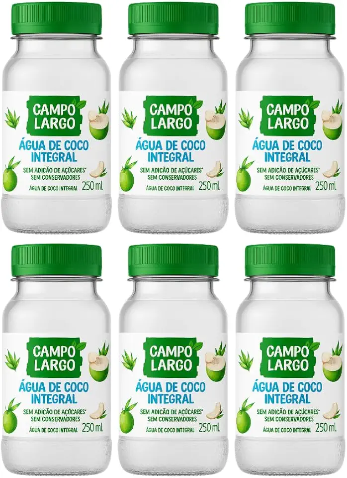 Água de Coco Integral Campo Largo 250ml – Kit com 6 Unidades | 100% Natural | Sem Conservantes | Hidratação e Reposição de Eletrólitos