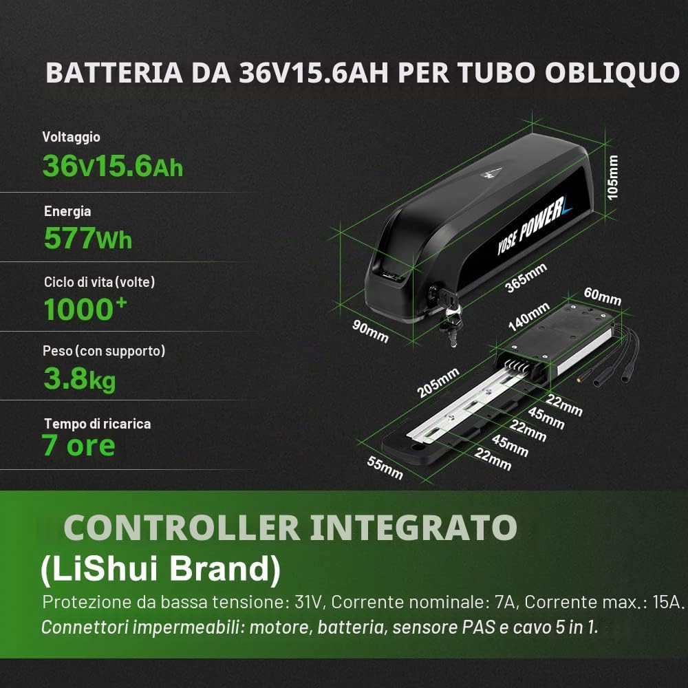 YOSE POWER - Kit di conversione per Ebike 36 V250 W 28", sistema motore anteriore per bicicletta elettrica, controller integrato con batteria HL Plus 36 V 15,6 Ah; e-bike fai da te, schermo LCD