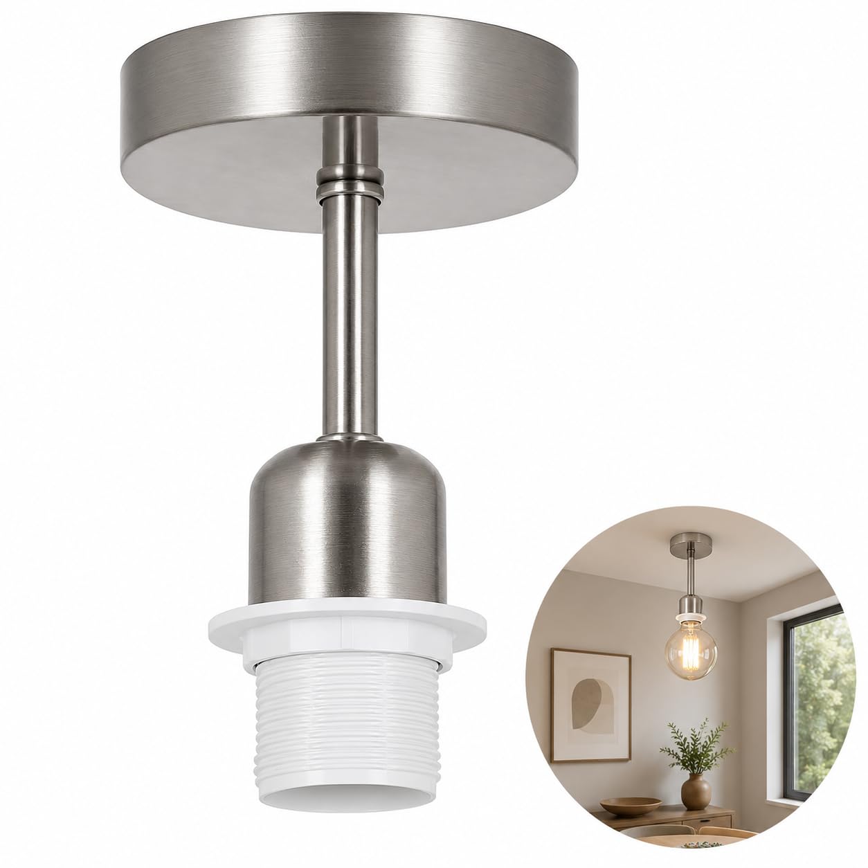 E27 Ceiling Light Fitting, Silver Pendant Light Fitting, Metal Lamp Holder