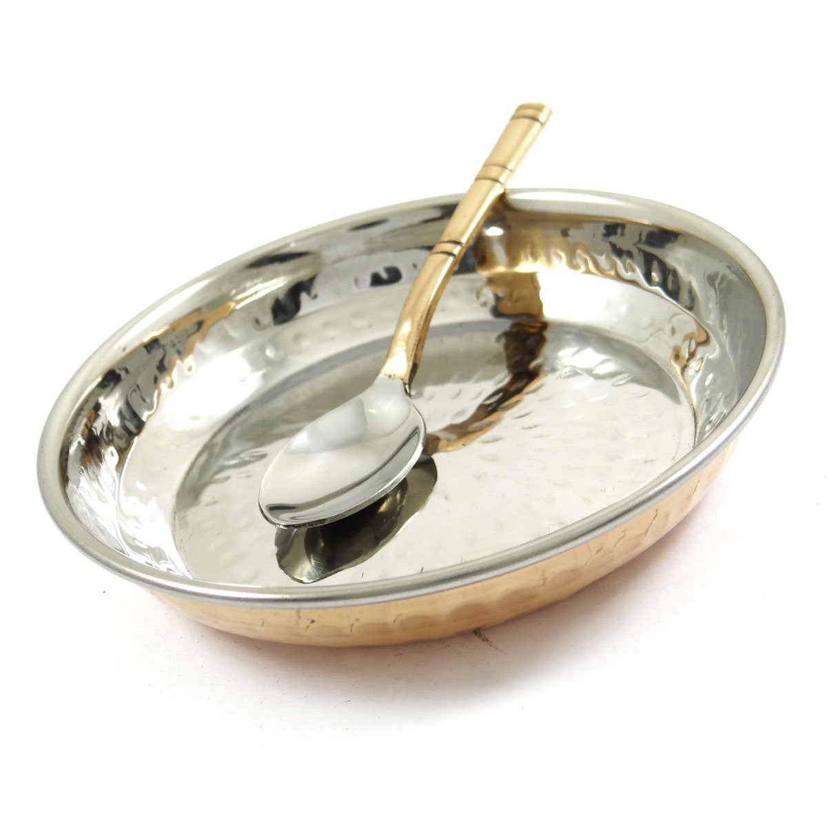 Iba Indianbeautifulart Silver And Copper-4 Indianbeautifulart Special Authentic Traditional Indian Copper Steel Serving Plate With Spoon Tableware Dinnerware Kitchen Utensils
