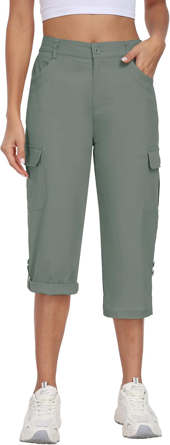 MoFiz Women's Cargo Capri Pants Cotton Roll up Convertible Capris Summer Casual Athletic Hiking Cropped Pants with Pockets