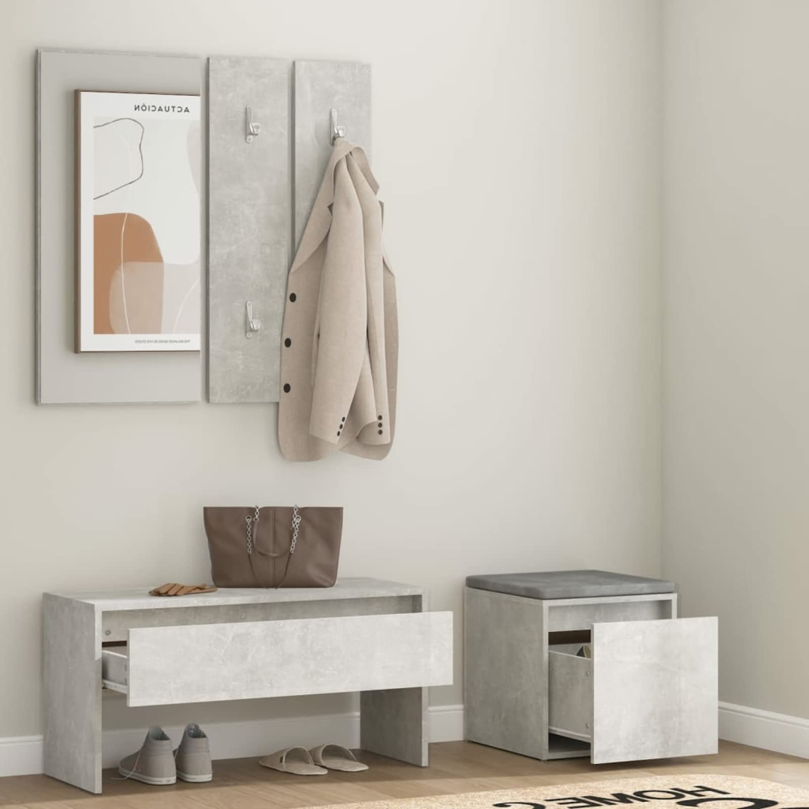 Festnight Conjunto de Muebles Entrada con Espejo,Cajón, Perchero y Zapatero Recibidor Madera Set de 4 Piezas para Pasillo Vestíbulo (Gris hormigón)