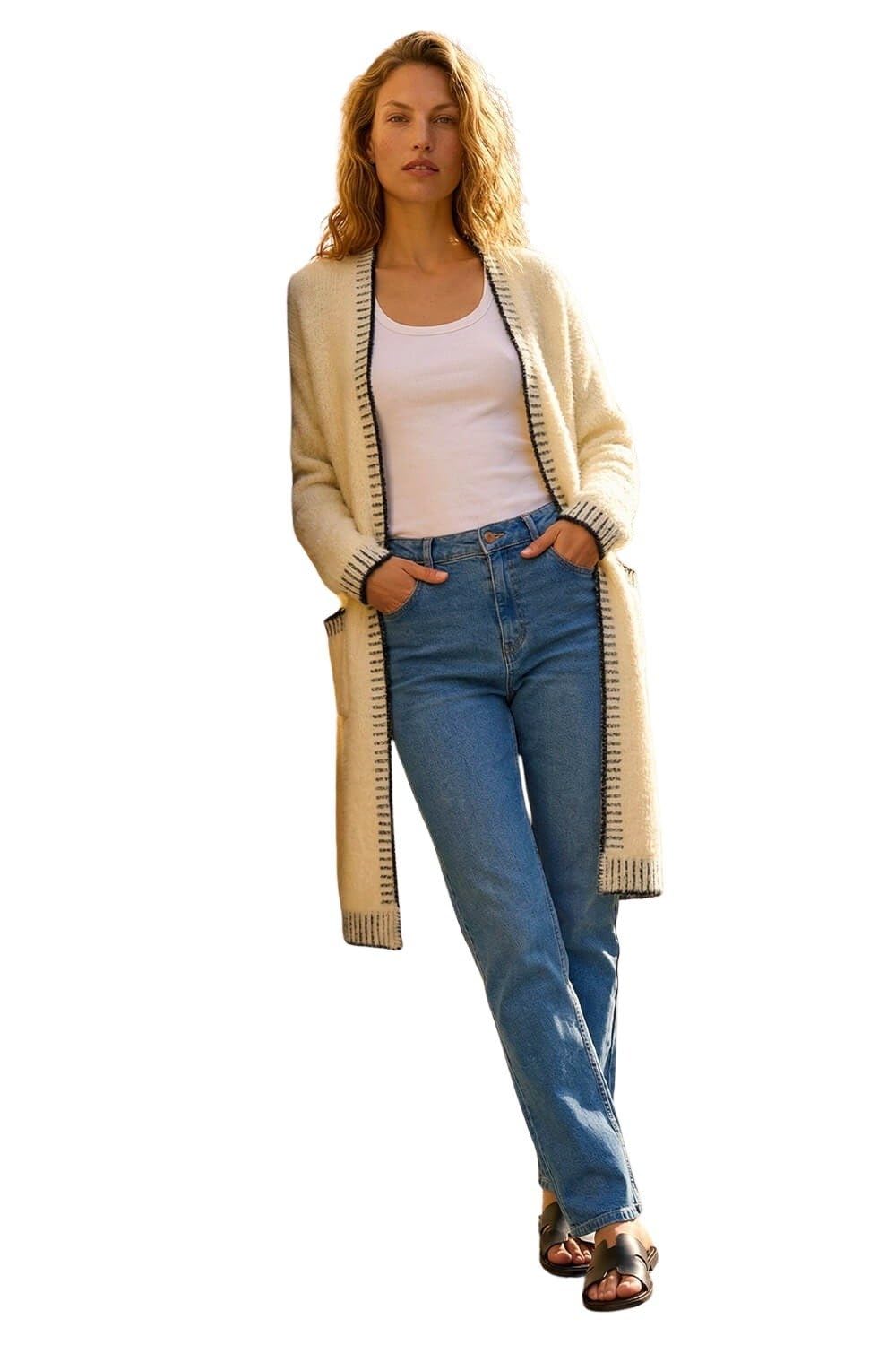 Roman Women's Beige Contrast Stitch Longline Cardigan Sweater In