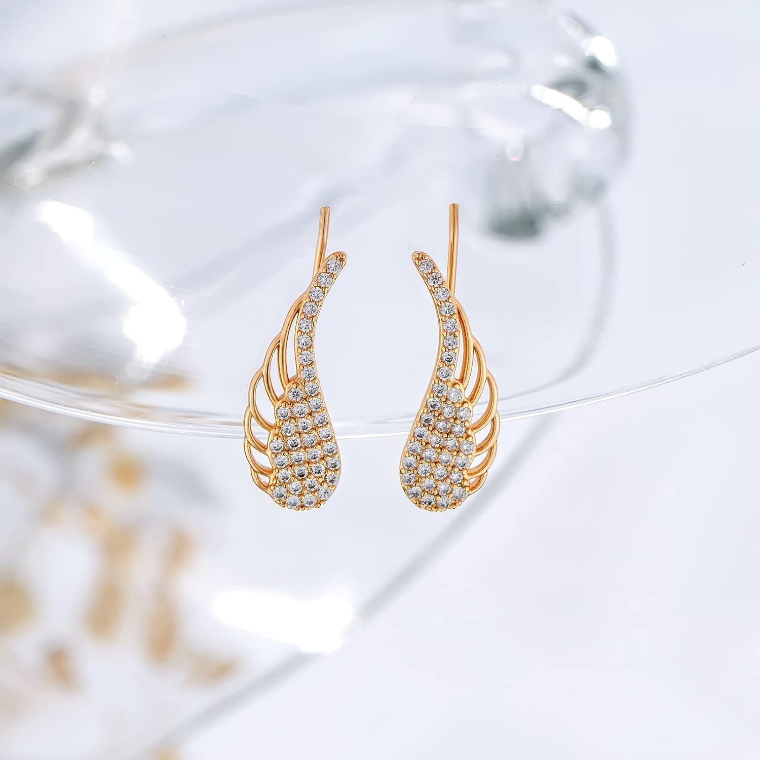 14K Gold Plated Cubic Zirconia Ear Crawler Earrings Faux Diamond Heart Triangle Ear Cuff Climber Earrings Gifts for Her - Image 3