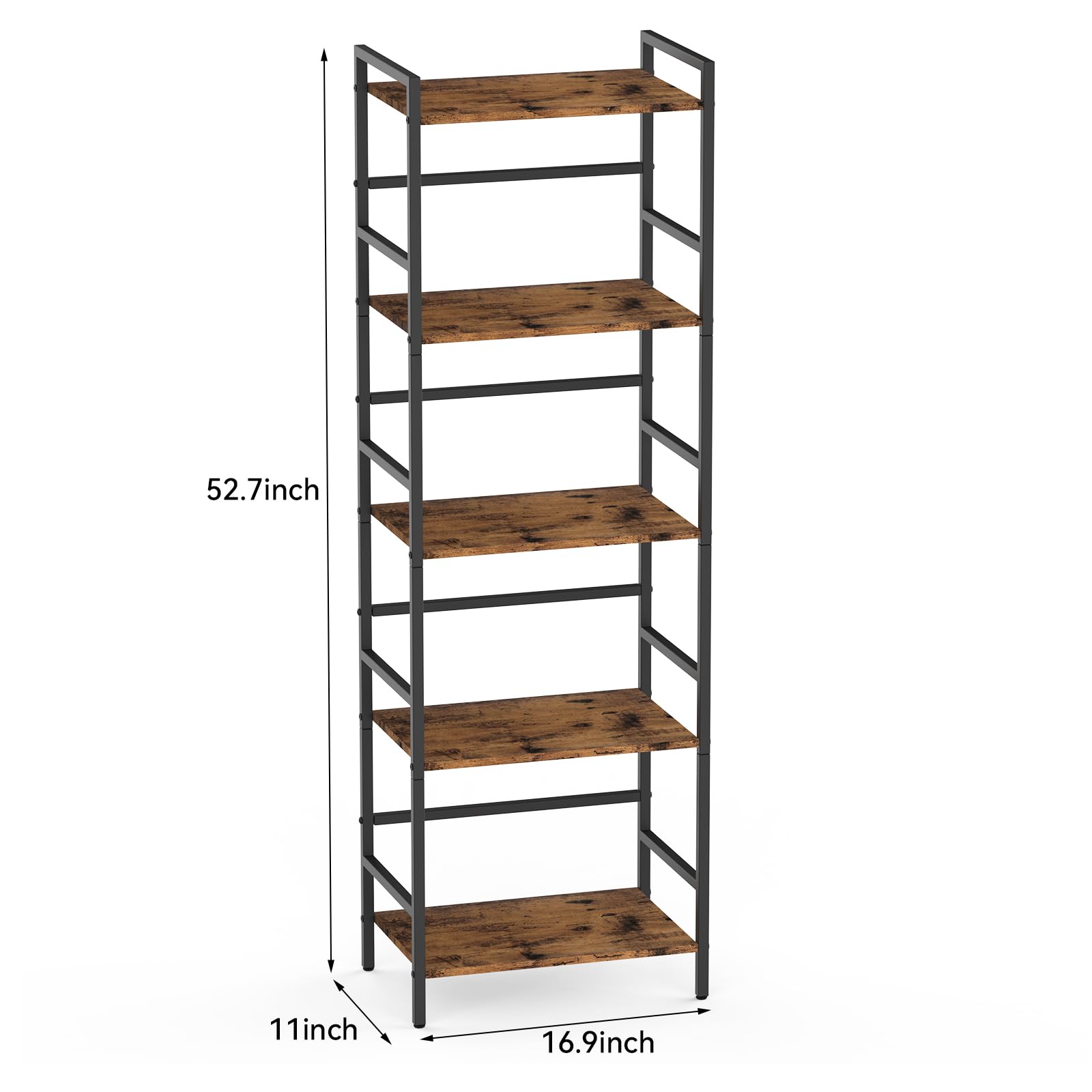 CADUKE Bibliothèque à 5 Étagères, Rack de Rangement Marron Rustique et Noir, Cadre en Bois et Métal, Grande Étagère pour Salon, Chambre, Bureau, Unité de Rangement Ouverte, Design Industriel