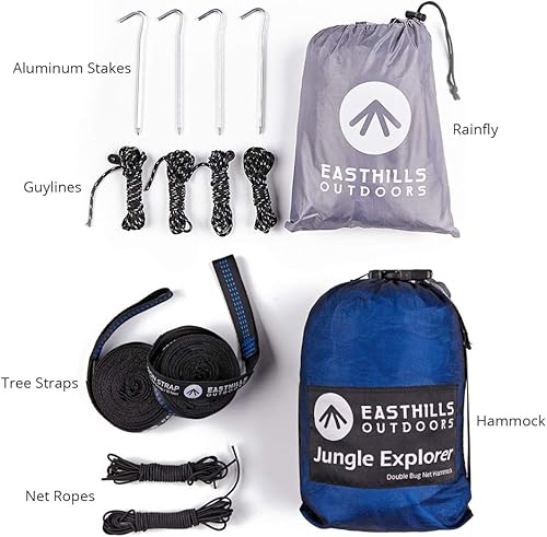 Vista 3 de Easthills Outdoors Jungle Explorer Hamaca doble de 118 x 79 pulgadas, paracaídas de nailon para 2 personas con red extraíble, correas de árbol