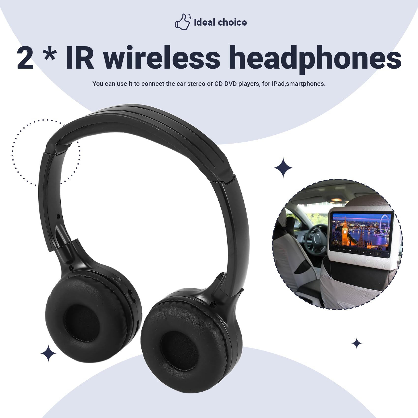 Lot de 2 paires d'écouteurs infrarouges sans fil pour lecteur DVD de voiture - Casque audio infrarouge universel (noir)