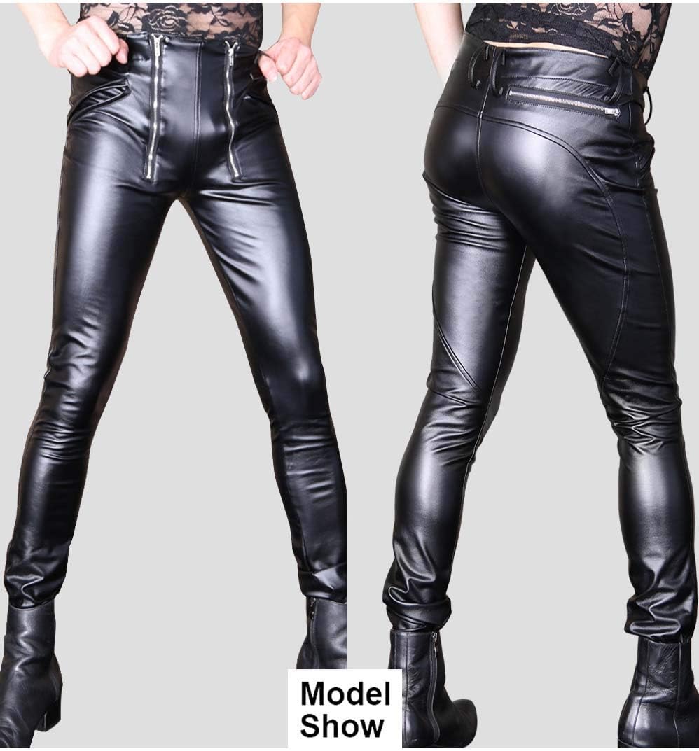 Men's Fashion Shiny PU Leather Stretchy Tight Leggings Slim Fit Skinny Biker Long Pencil Pants Trousers Clubwear