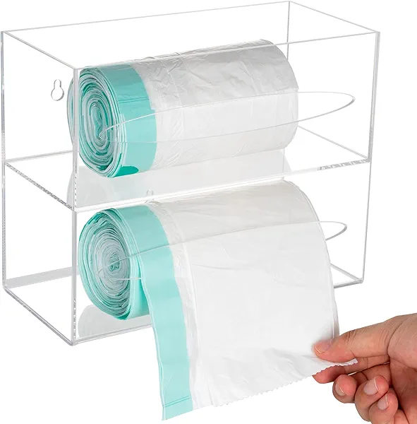 SEANADO Trash Bag Dispenser Holder, 2 Compartment Wall Mount Acrylic Kitchen Double Side Loaded Organizer Storage Box Holder for Garbage Bag Grocery Bag Plastic Bag(10 x 4.7X 8inches)