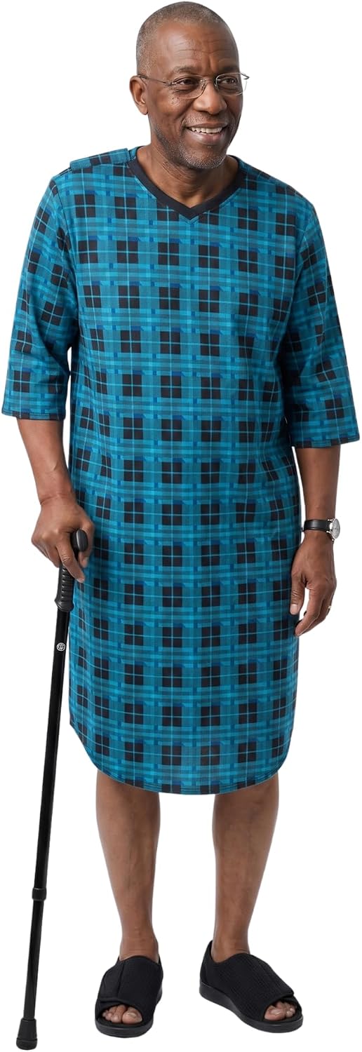 Silverts Men's Adaptive Open Back Flannel Gown, Assisted Dressing Nightgown | For Elderly, Nursing Home & Recovery Wear, Snap Shoulders, Warm Cotton Flannel