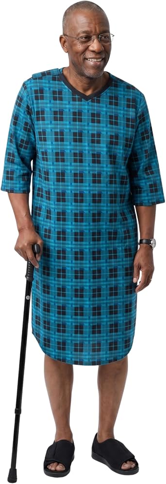Silverts Mens Adaptive Clothing Open Back Flannel Gown, Assisted Dressing Nightgown for Elderly, Nursing Home & Recovery