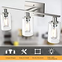 Vista 8 de Tangkula Lámparas de tocador de baño de 3 luces, apliques de pared modernos con pantalla de vidrio transparente con base E26, iluminación de pared