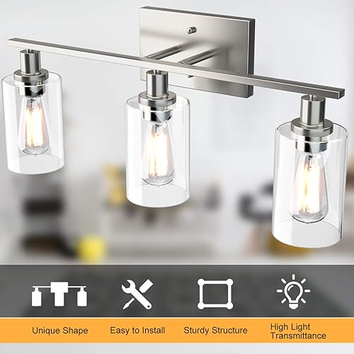 Miniatura 8 de Tangkula Lámparas de tocador de baño de 3 luces, apliques de pared modernos con pantalla de vidrio transparente con base E26, iluminación de pared