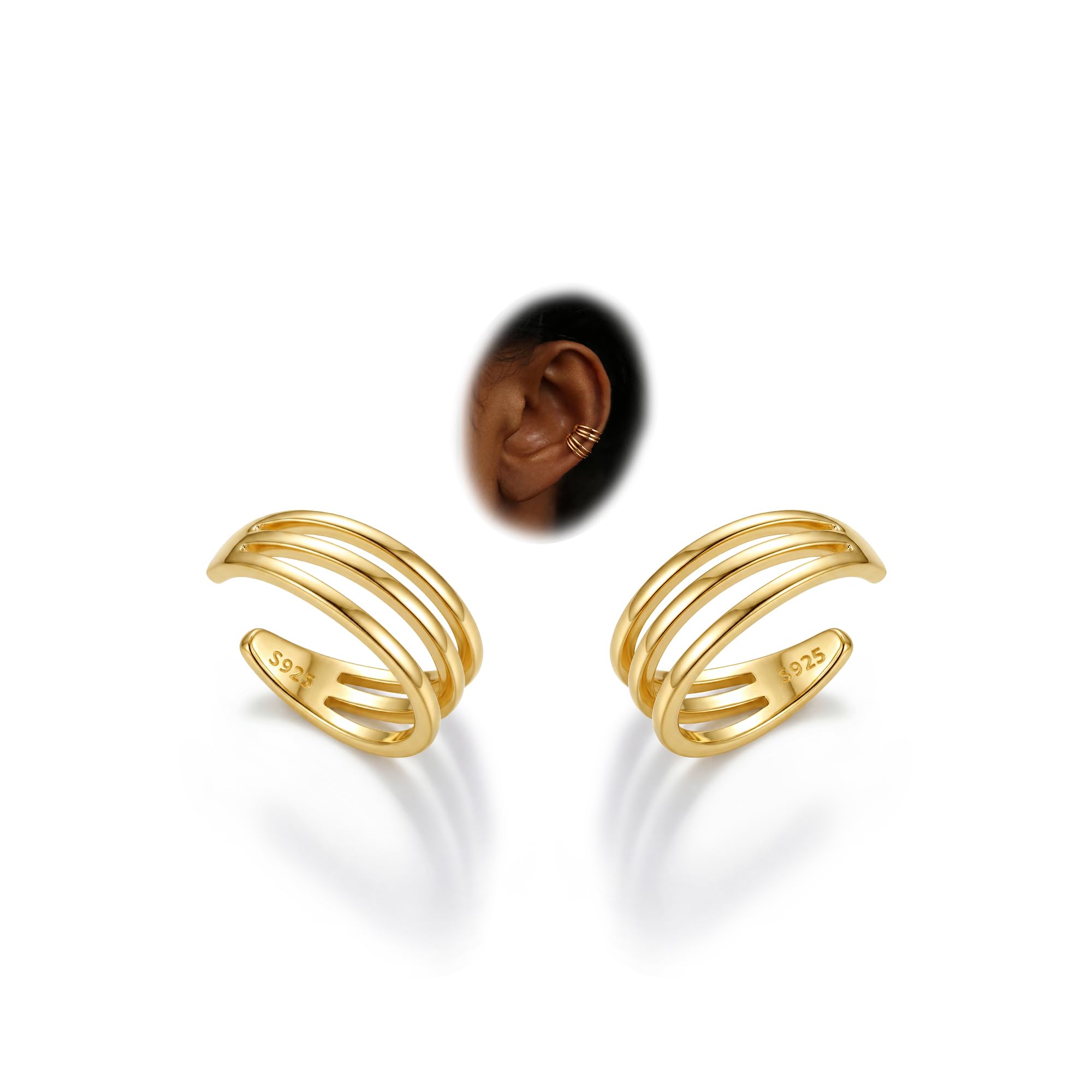 Subiceto 925 Sterling Silver Ear Cuffs Non Piercing - Adjustable Hypoallergenic 14K Gold Plated Clip On Earrings for Women Cubic Zirconia Silver Ear Cuff Helix Cartilage Fake Piercing