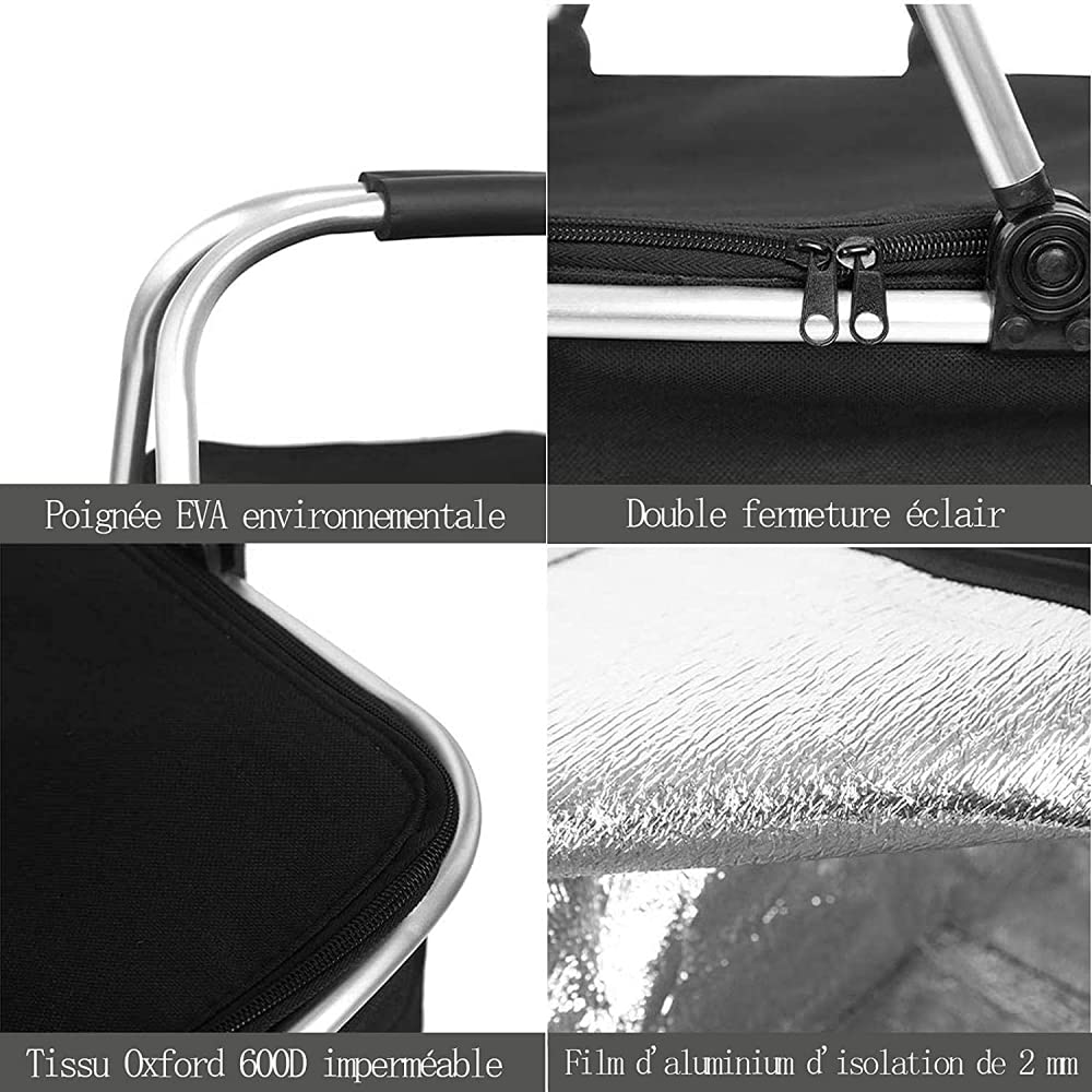 Cesta De Picnic, Robusto Marco De Aluminio De 32L con Forro Bolsa Térmica Plegable con Cremallera Y Asa, Adecuada para Viajes Y Vacaciones De Campamento-Nero