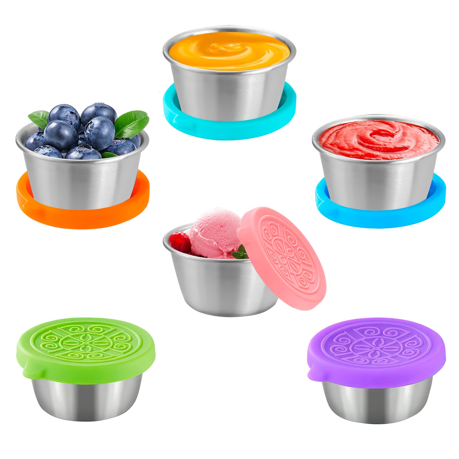 6 contenitori per condimenti per insalata To Go, in acciaio inox, con coperchi in silicone, a prova di perdite e riutilizzabili, contenitori per salse per snack, salse e gelati
