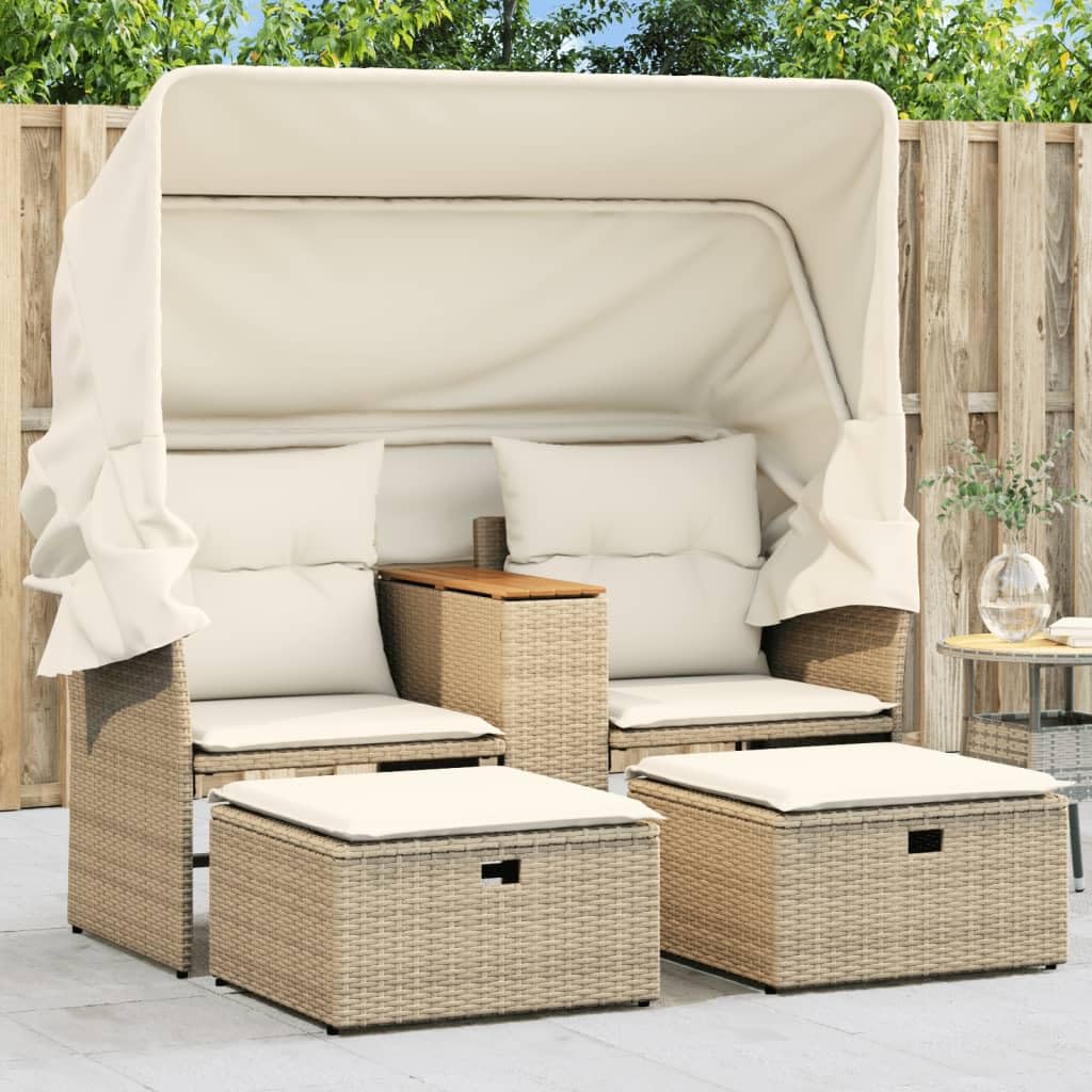vidaXL Gartensofa 2-Sitzer, Outdoor Sofa mit Sonnendach, Terrassensofa mit Hockern, Gartenmöbel Sofagarnitur Gartengarnitur, Beige Poly Rattan