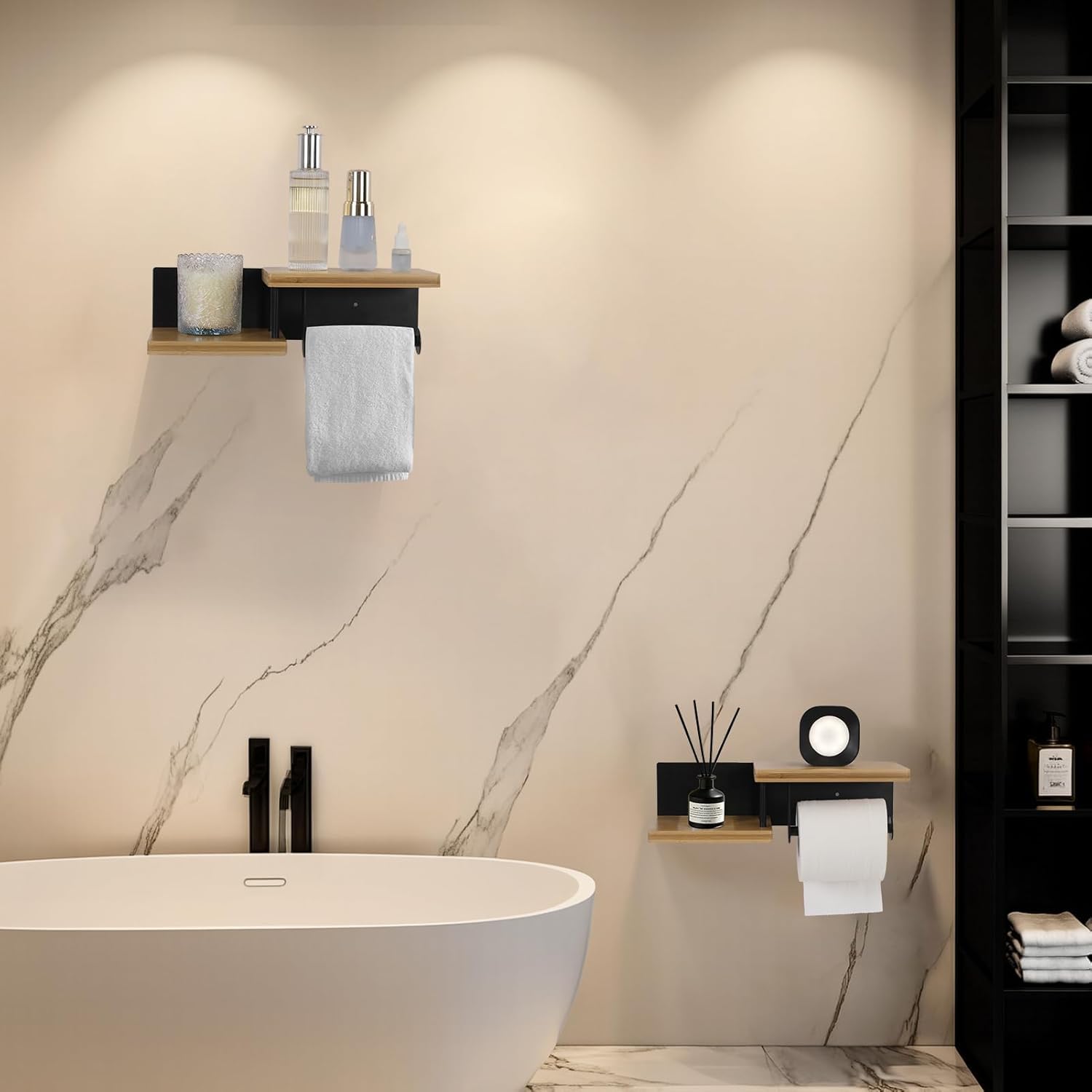 Support Papier Toilette Mural avec Ablage, Porte Rouleau en Bois sans Perçage, Distributeur Papier Toilette pour Salle de Bain et Cuisine