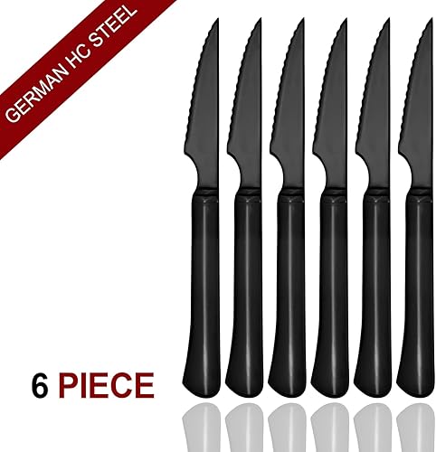 Miniatura 9 de Cuchillos negros para carne Juego de cubiertos ultra afilados, cuchillos de cena 6 piezas de acero inoxidable para cocina dentada mejor chef