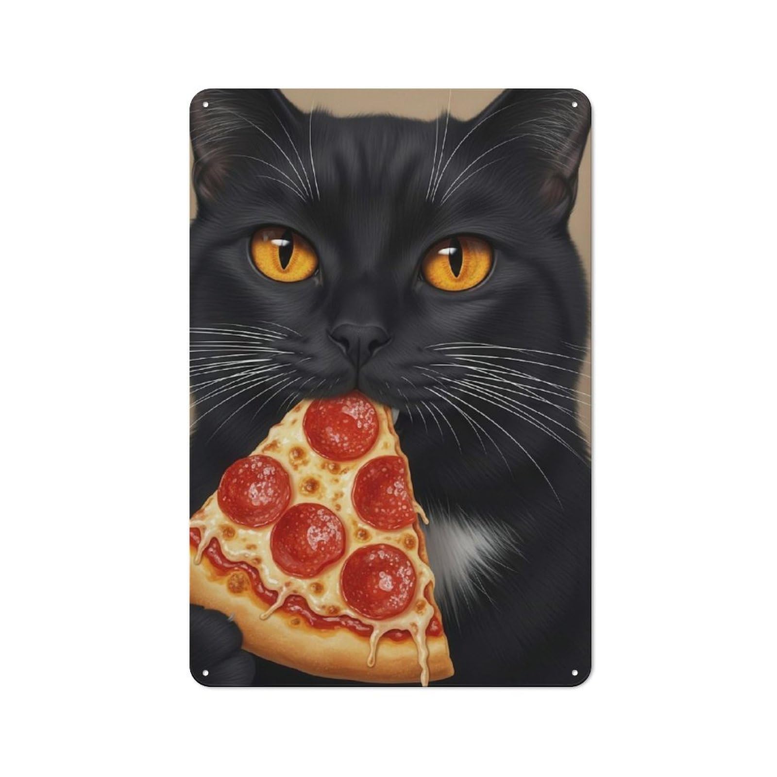 Junmoney Black Cat Eating Pizza Slice Printed Metal Sign 30X20cm For Studio Or Craft Room, A New Home Present For Creative-Space Collectors