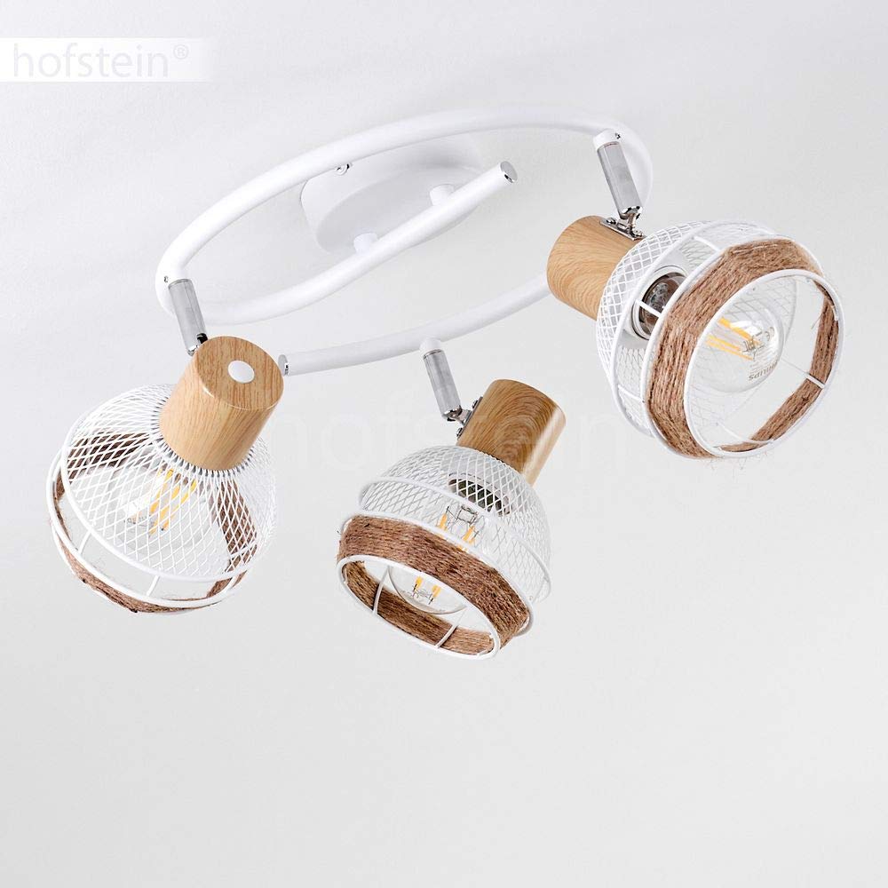 Lámpara de techo Bariloche, lámpara de techo redonda de metal/madera/cuerda de cáñamo en blanco/cromo/naturaleza, 3 llamas, pantallas orientables y giratorias, E27, óptica de celosía, sin bombilla(s)