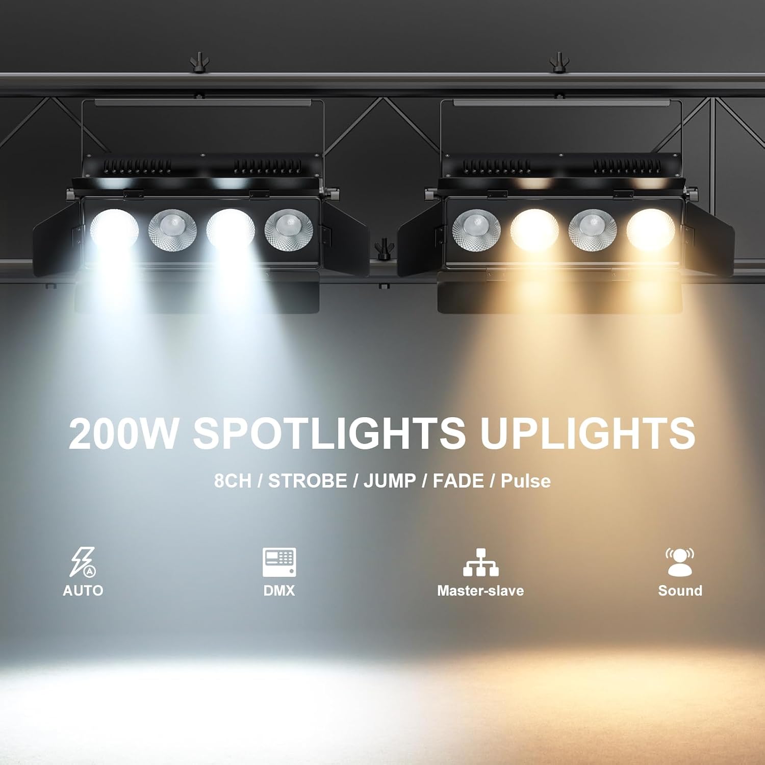 Stage Lights with Barn Doors, 4x50W LED Par Can Lights DMX512 Sound Activated, Cool White and Warm White COB Spotlights Uplights for Events Wedding Parties Concert Church Theater Christmas Packs of 8