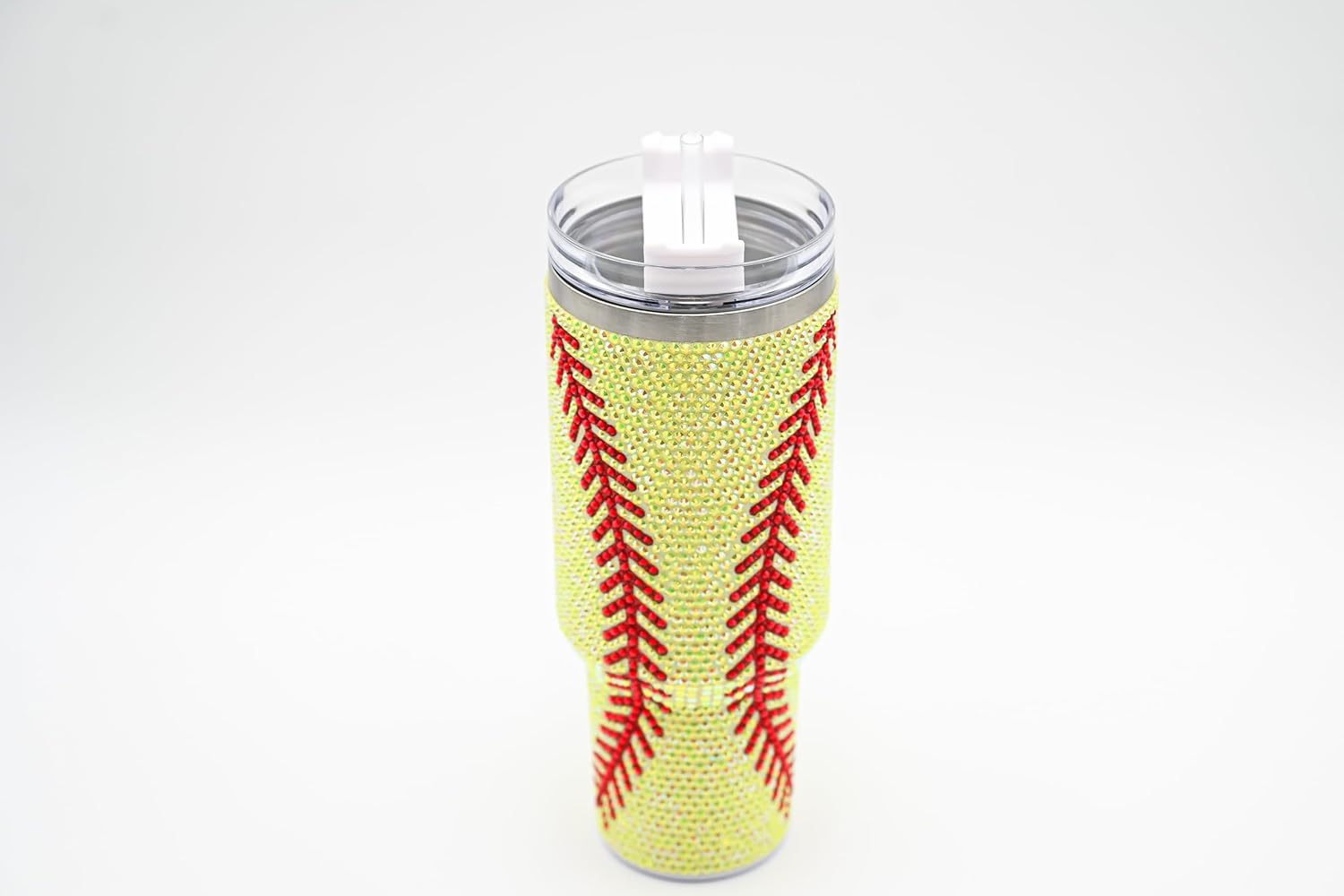 40 Oz Rhinestone Bling Tumbler with Handle and Straw (YELLOW SOFTBALL), Stainless Steel and Double Wall Insulated - Image 2