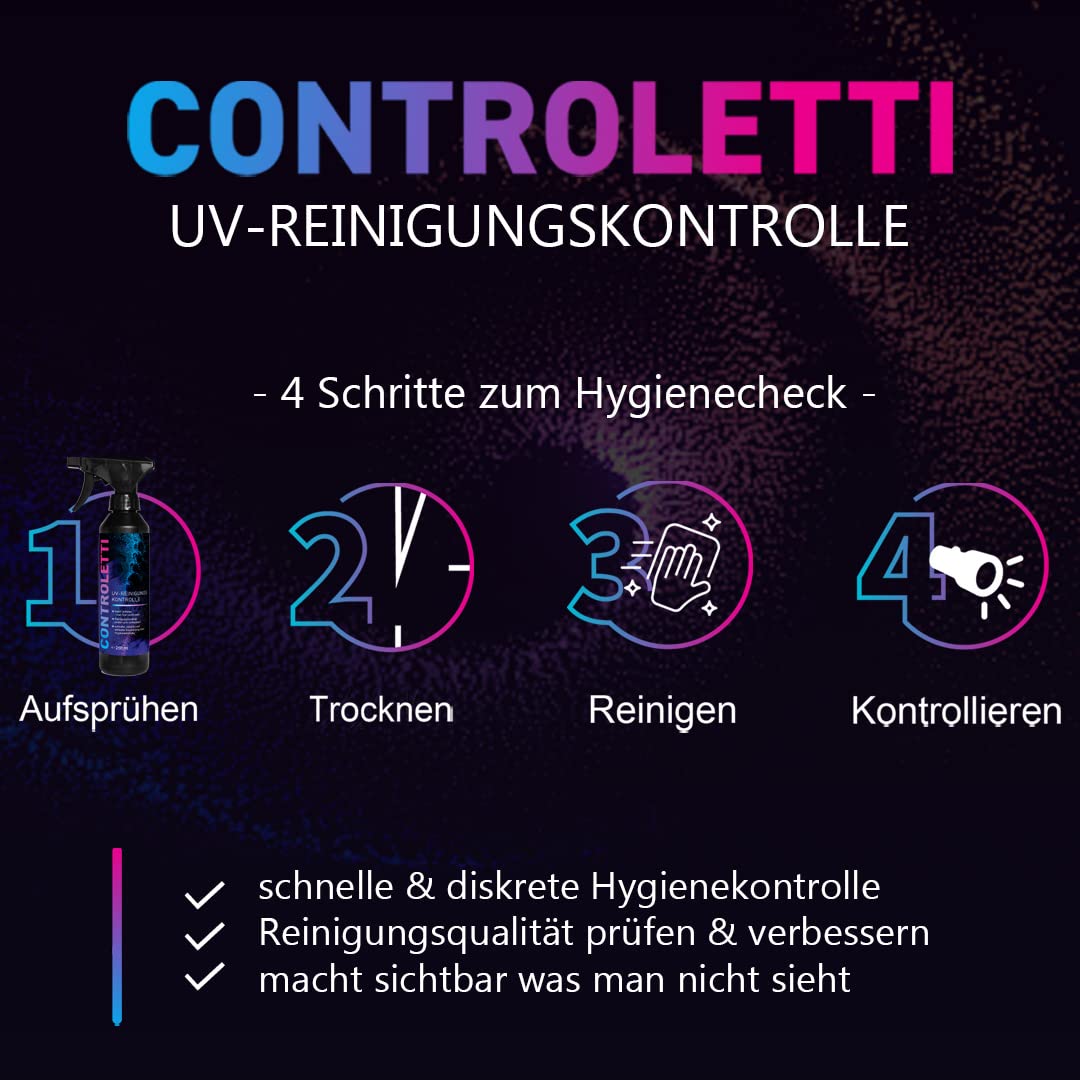 Controletti UV Reinigungskontrolle - Schwarzlicht Hygienetest zur Hygienekontrolle von Flächen (Solo Set)