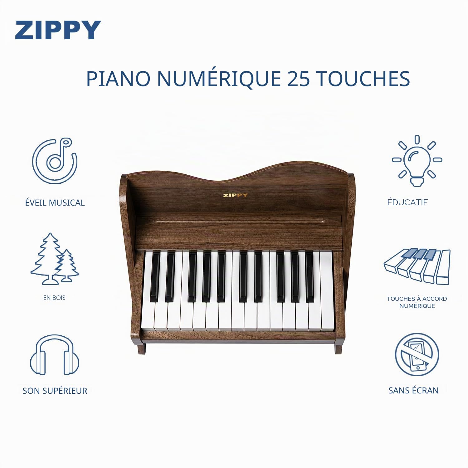 ZIPPY Clavier de Piano pour Enfants, 25 Touches, Volume réglable, Mini Instrument de Musique éducatif, Jouet en Bois pour Tout-Petits, Filles et garçons (Noyer)