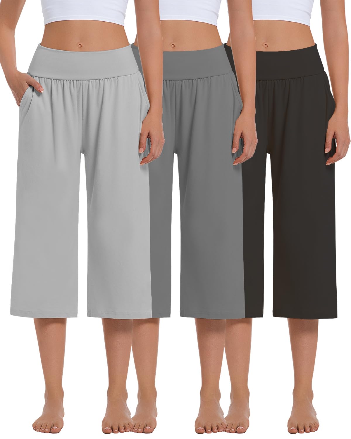 3PACK Women's Casual Loose Wide Leg Cozy Pants Yoga High Waisted Sweatpants Comfy Lounge Pants with Pants with Pockets XL Black/Dark Grey/Light Gray