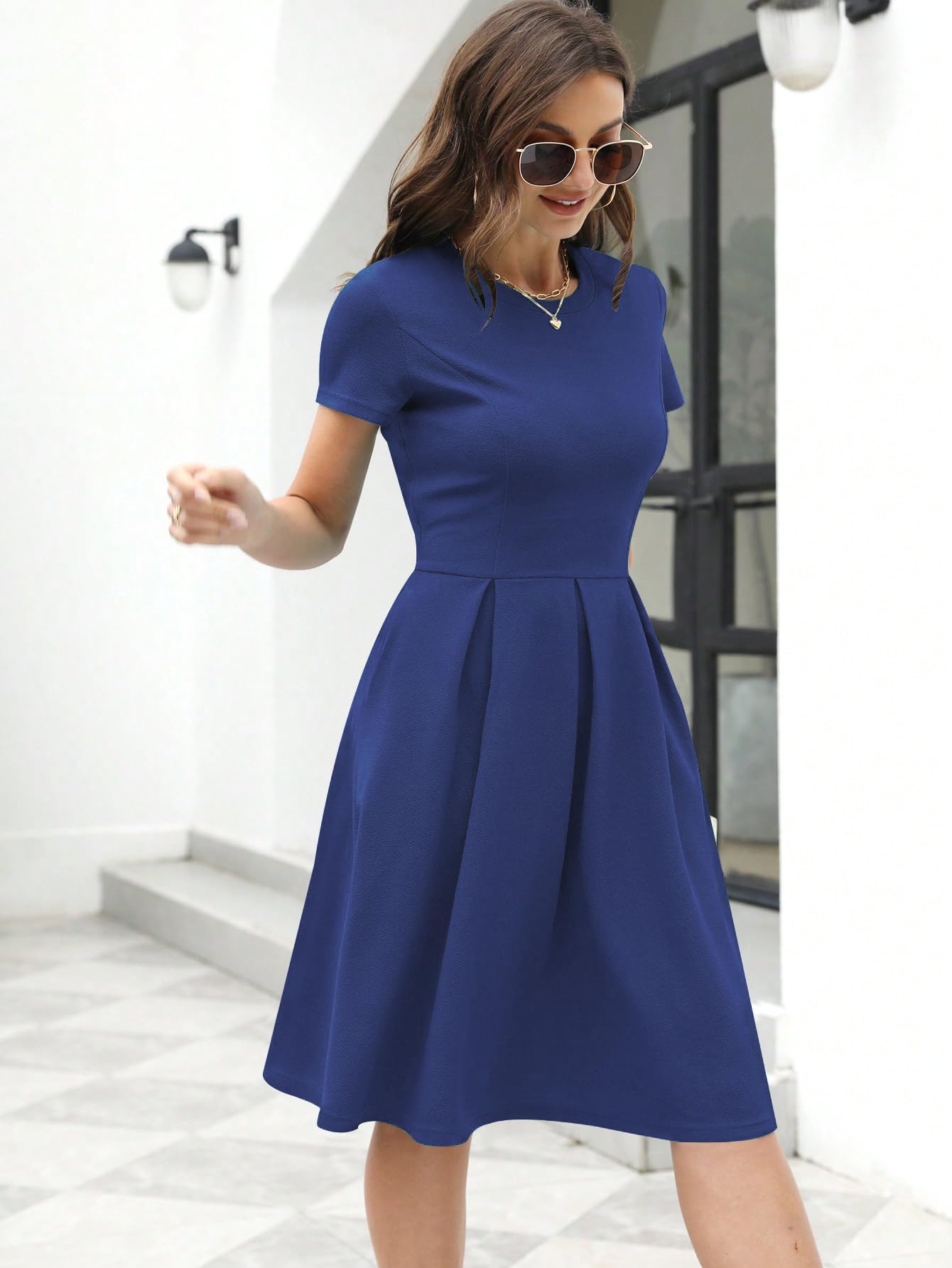 Shasmi Girl's & Women's Solid Navy Blue Color Solid Slant Pocket Fold Pleated, Women Cocktail Party Vintage Style With Pockets Big Swing Simple Retro Dress (Dress 166 N Blue-S)