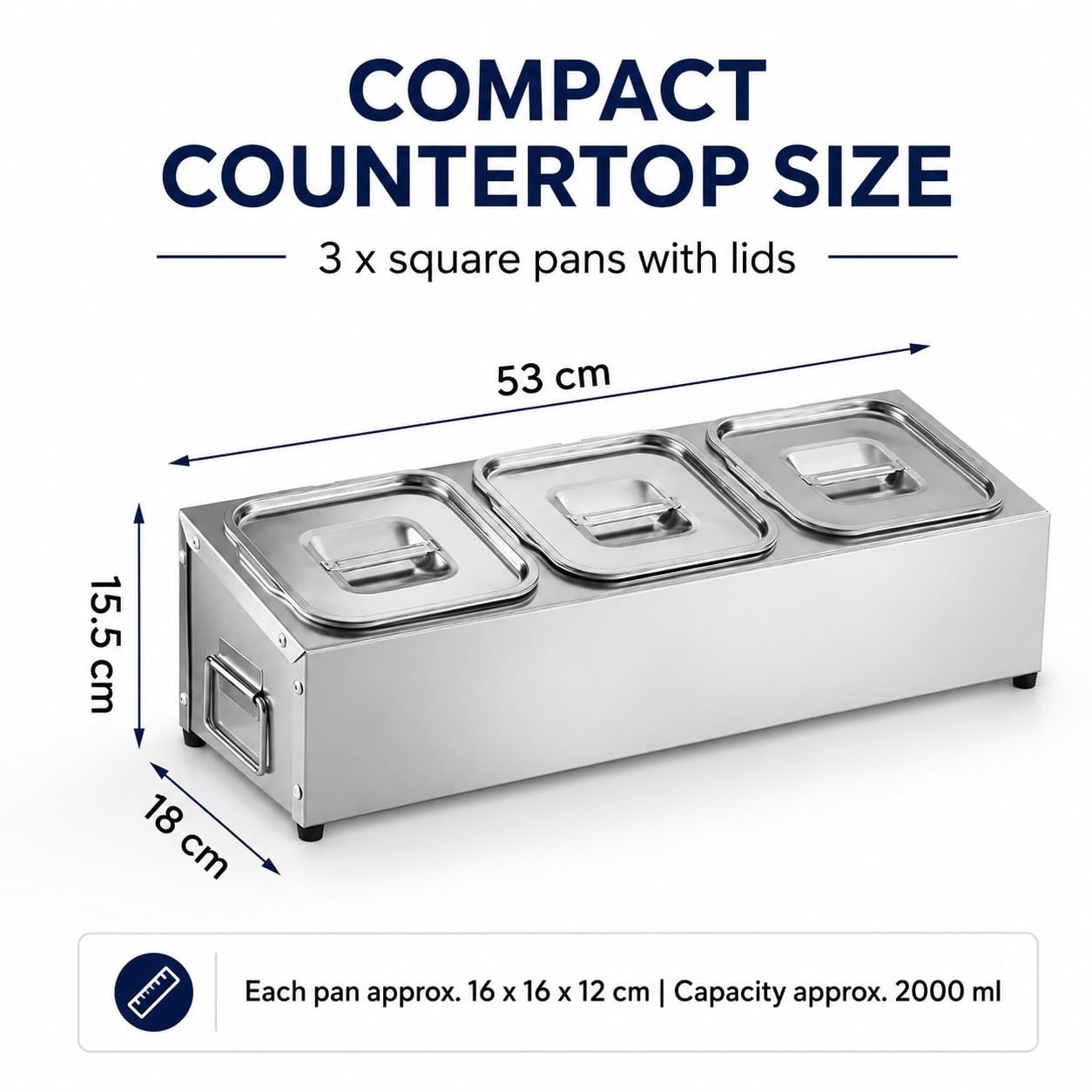 Porta Ingredienti Pizza in Acciaio Inox con Coperchio – Contenitore Gastronom Refrigerato, 3 Vaschette Modulari, Ideale per Pizzerie, Condimenti e Topping, Facile da Pulire