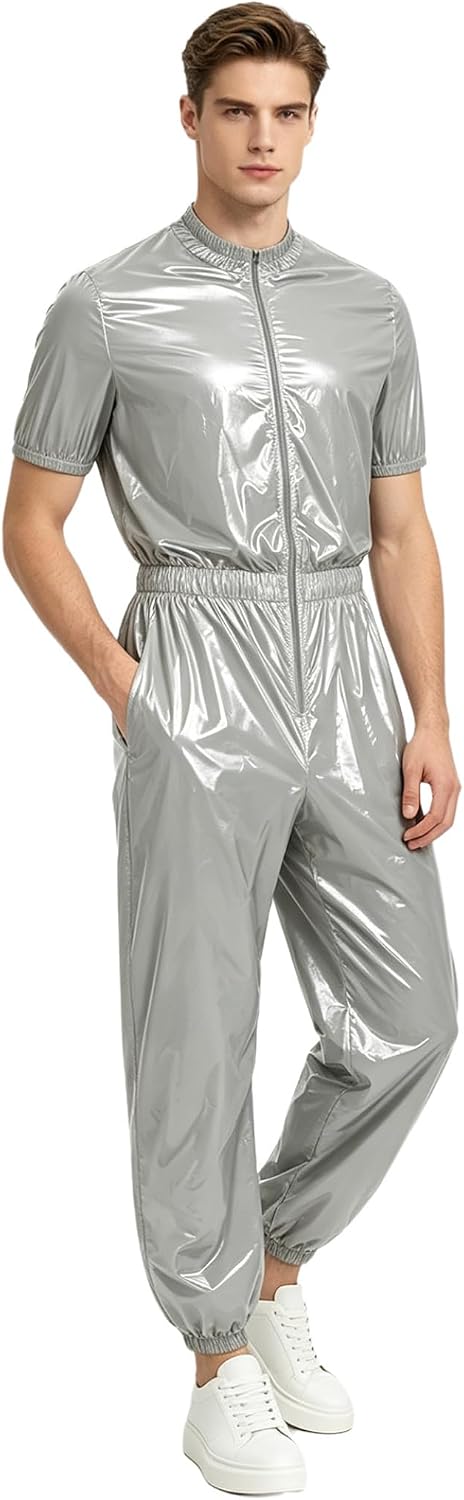 Yhong Men Plastic Romper with Pockets Zipper Front Unitard