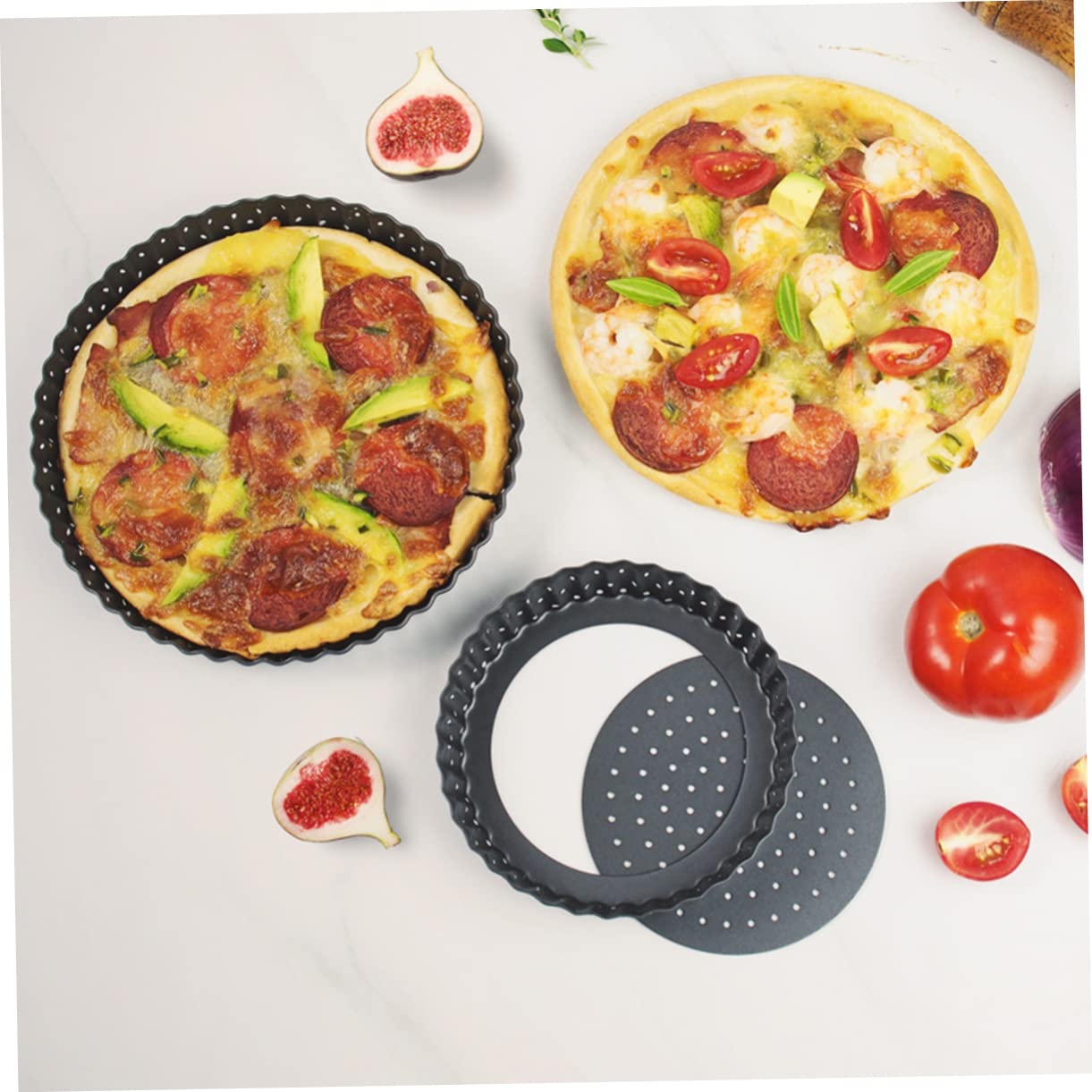 CIYODO Small Pizza Pan with Holes Baking Tart Mould Lodge Style Non-stick Oven Tray Easy Release Bottom for Quiche