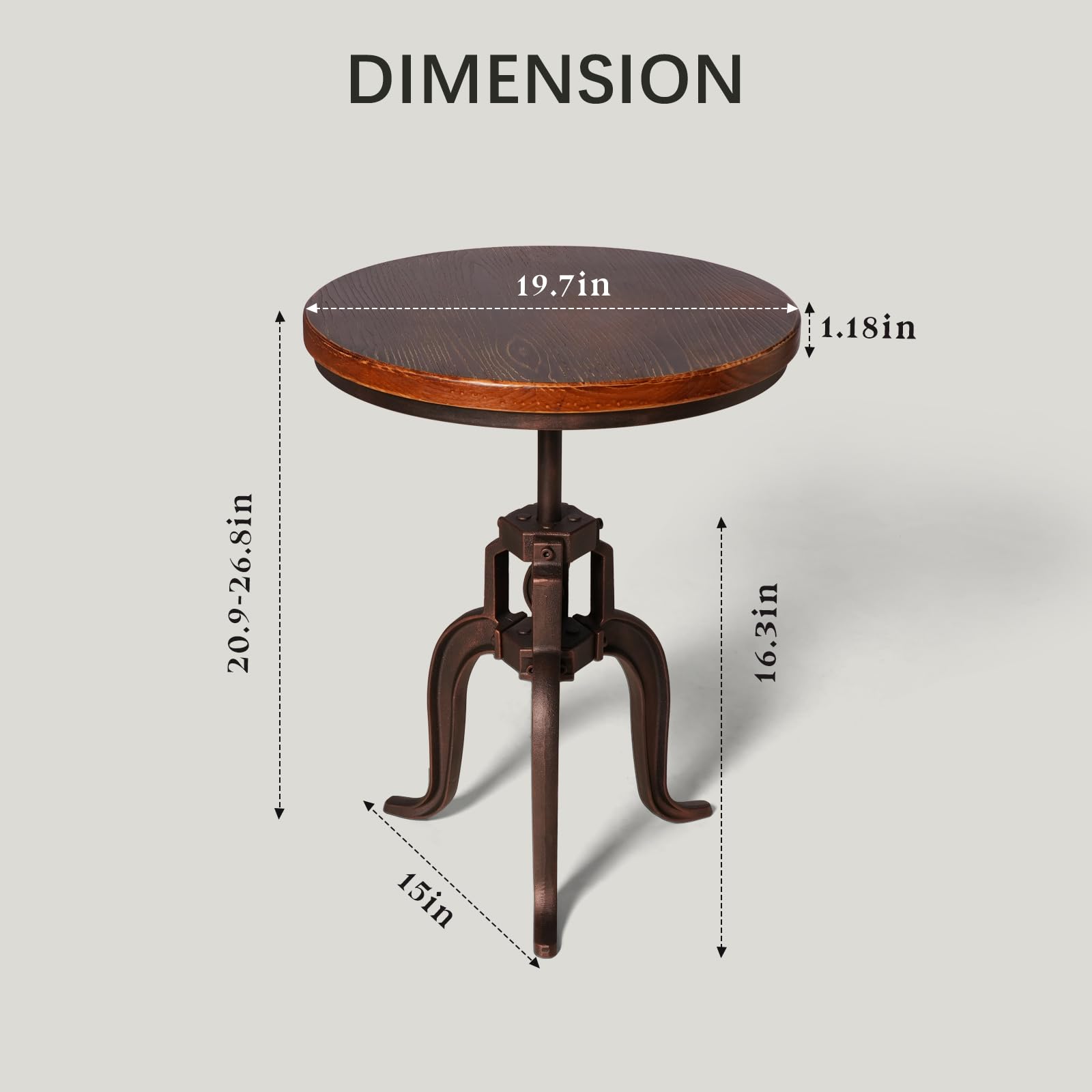 Industrial Iron Adjustable Crank Accent Table | Walnut Wood Top/Copper Home Decor Crank End Table
